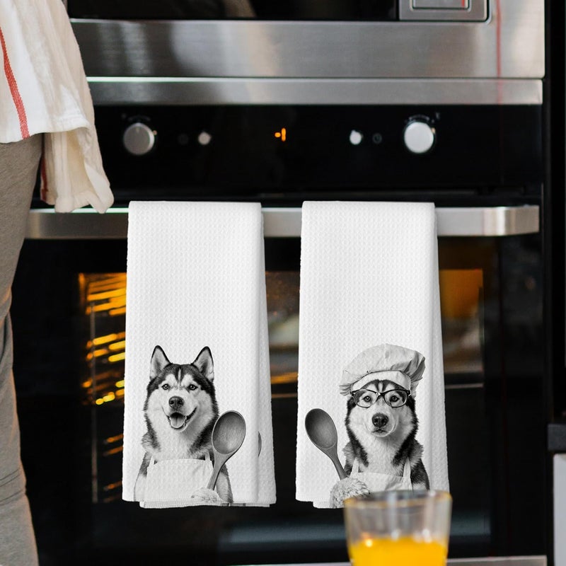 Mcehtle Funny Siberian Husky Kitchen Towels Set of 2, Dog Kitchen Accessories, Dog Chef Gift Hand Towel, Gifts for Dogs Mom Lovers Women, Dining Room Decorative Tea Towel Dish Towels 16x24 Inch - Image 2